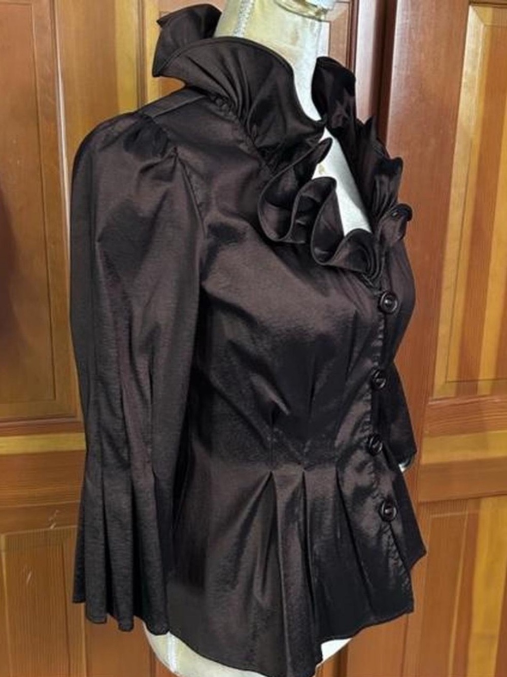 Black Ruffled Collar Button-Front Jacket - Picture 5 of 8